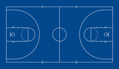 Obraz na płótnie Canvas Clean basketball court line diagram with full markings and blueprint-style layout, suitable for coaching materials, sports graphics, strategy planning, and educational designs.