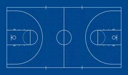 Fototapeten Pony Clean basketball court line diagram with full markings and blueprint-style layout, suitable for coaching materials, sports graphics, strategy planning, and educational designs.  © natrot