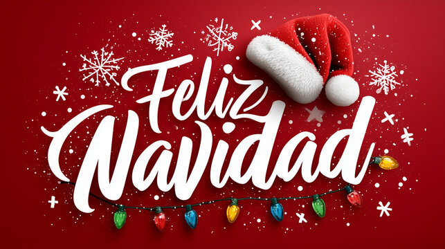 Merry Christmas t-shirt design with the words 'Feliz Navidad' and a Santa hat on top of it, with colorful Christmas lights around the text, in a white calligraphy font, on a red ba
