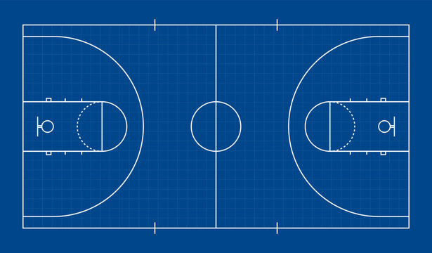 Fototapeta Clean basketball court line diagram with full markings and blueprint-style layout, suitable for coaching materials, sports graphics, strategy planning, and educational designs.