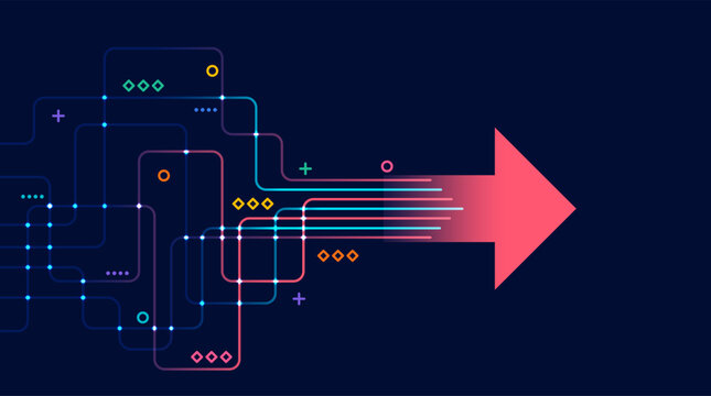 Colorful flow lines merging into a bright forward arrow, symbolizing progress, connection, and data movement in a clean modern style.