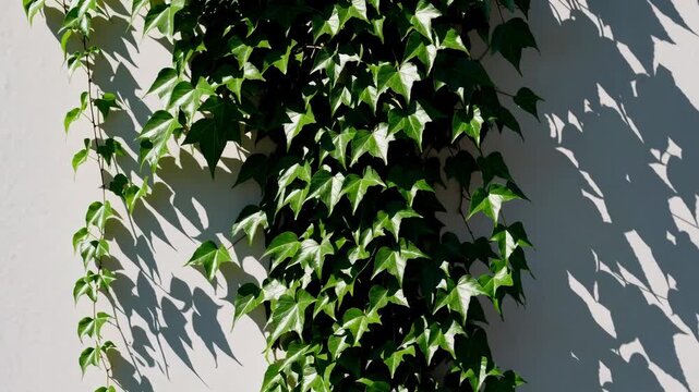 Dancing ivy shadow patterns on white wall with vibrant green leaf, sunlight, nature inspired composition, tranquil outdoor scene