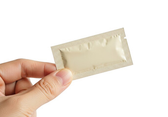 Hand holding a small, sealed singleuse sachet or sample packet of cream or cosmetic product, isolated on transparent background