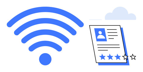 wireless signal icon alongside a digital resume featuring a photo, text, and 5-star rating system under a cloud. Ideal for internet, technology, job search, communication, connectivity, cloud