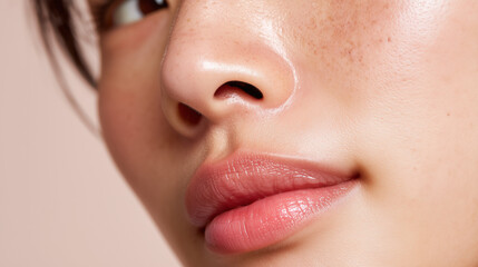 Obraz premium A hyper-realistic extreme close-up of a young korean woman's cheek, nose, and lips, showcasing flawless matte skin texture with a natural, soft-focus finish, subtle pores visible,