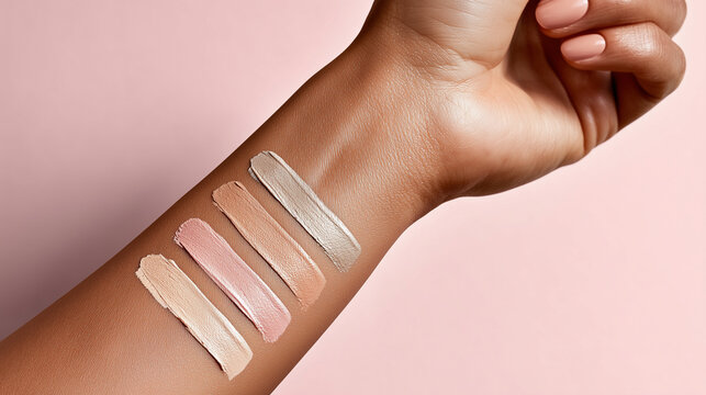 A photorealistic close-up of a woman's inner forearm resting gently on a soft pastel background, showing four clean foundation swatches applied side by side on the skin, each in di
