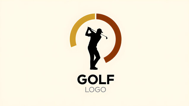 Silhouette of a golfer swinging a club within a stylized arc logo