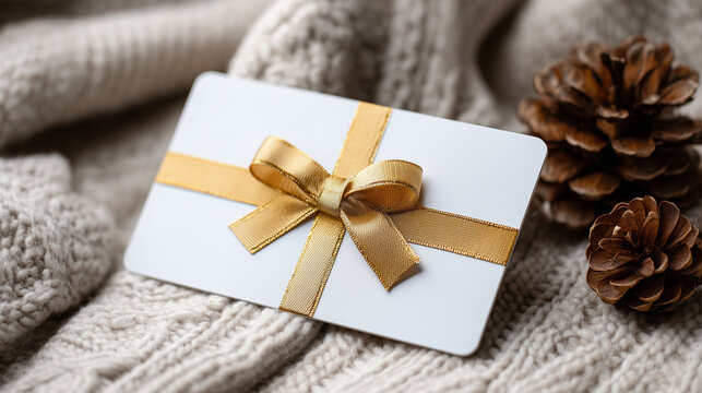 a sleek, white gift card promotion with a golden ribbon on top of it, with festive decorations around it against a leather background suitable for instagram promotions , no