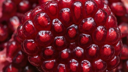 Extreme macro view of red pomegranate seed cluster showing juicy arils structure and organic detail