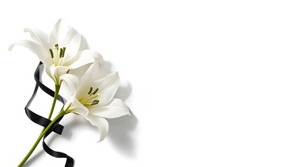 White flower with black ribbon isolated on white background