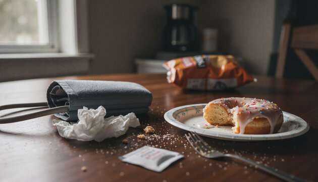 Bitten glazed donut and blood pressure cuff in messy composition on wooden dining table