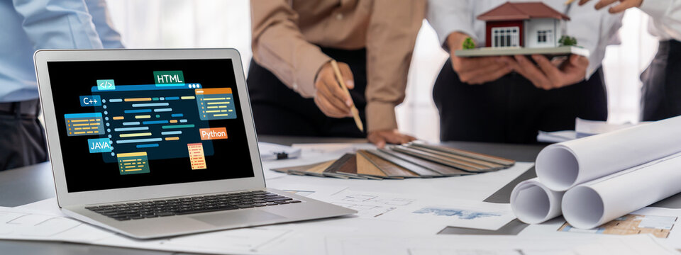 Software development or programming work with coding screen of various programming languages like HTML, , , and C brisk for new application development - Powered by Adobe