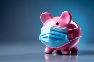 Piggy bank wearing surgical face mask. Global economy during coronavirus pandemic. Financial crisis, banking concept. saving and investment