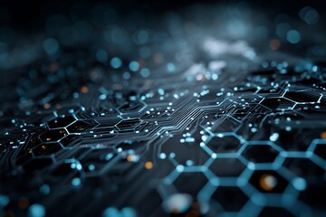 Close up of a dark blue motherboard with glowing hexagonal patterns and circuit traces in focus