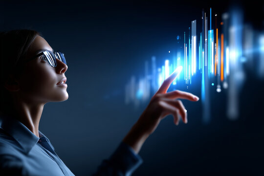 high-resolution businesswoman casting glowing data charts spell on clean gradient background, magical analytics aura, floating metrics,