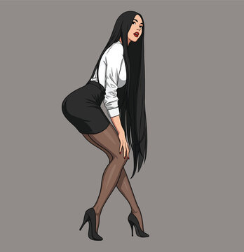 Sexy office secretary with long black hair wearing a white shirt and tight black skirt bending over in a provocative pose, vector illustration
