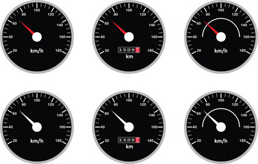 Speedometer and dashboard gauge vector icon set. Speed indicator signs collection isolated on transparent background. Ideal for vehicle dashboard design, apps, websites. Vector illustration.
