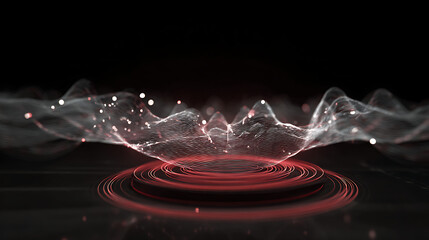 Striking abstract data visualization with vibrant red rings and flowing particles, perfect for technology, science, or futuristic concepts and modern tech