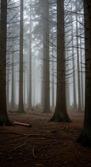 Dense forest with tall trees and misty atmosphere vertical composition