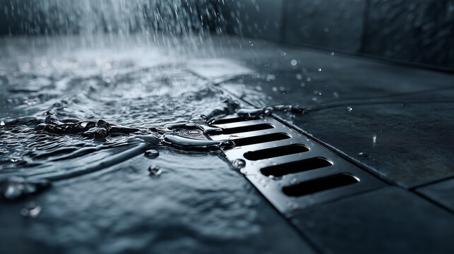 a cinematic extreme close-up of a luxury shower room floor with water flowing toward a sleek linear drain, dark slate stone tiles, wet reflective textures, detailed ripples and dro