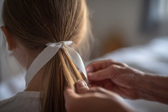 Girl getting her hair styled with a white ribbon in a cozy indoor setting during the day