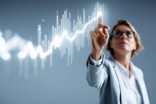 clouse up high-resolution businesswoman casting glowing data charts spell on clean gradient background, magical analytics aura, floating metrics, - Powered by Adobe
