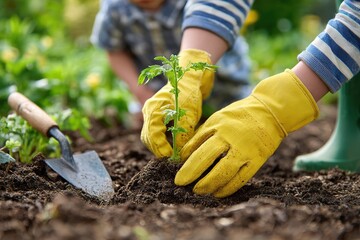 Planting tomato seedlings in a garden on a sunny day with children playing nearby