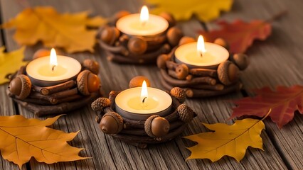 Autumn tea light candles in acorn holders with fall leaves
