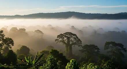 Dense jungle landscape with early morning fog rolling through valley