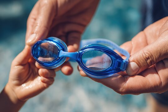 Child hands over blue swimming goggles while an adult prepares for a fun day at the pool in bright sunlight