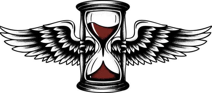 An hourglass with wings on a white background in a tattoo style art