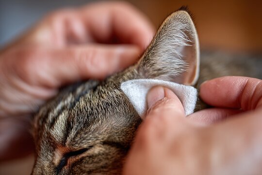 Caring for a cat's ear with gentle cleaning during an afternoon at home
