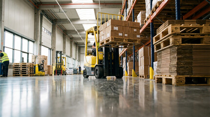 Forklift loading pallets onto shelves in a bright, spacious warehouse.