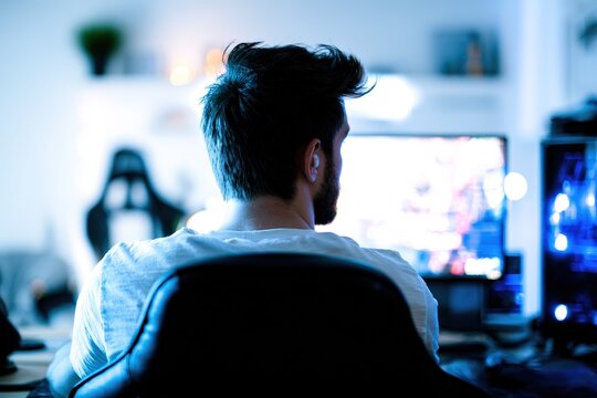 Young man focuses on computer screen while sitting in a dark room during late evening hours