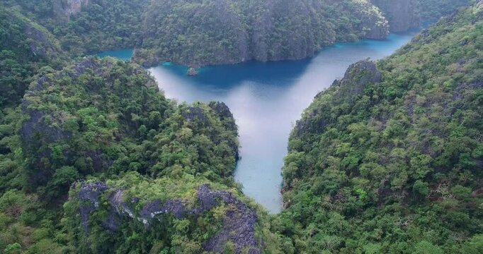 Kayangan Lake. Very Popular Place Among Tourist in Coron, Palawan, Philippines. Landscape. Kayangan Lake View Deck in Background. 4k Drone