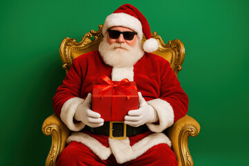 Cool Santa Claus sitting on an ornate golden chair wearing sunglasses and holding a red gift box against a vibrant green background creating a fun modern festive portrait