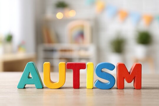 Colorful toy letters spelling autism are arranged in a playful manner on a wooden surface, creating a vibrant and educational atmosphere for children and families