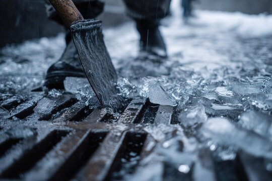 Worker clears ice and water from a drain during a winter storm on a cold day in a city street