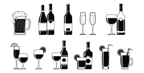 Assortment of alcoholic beverages including beer wine and cocktails in black and white