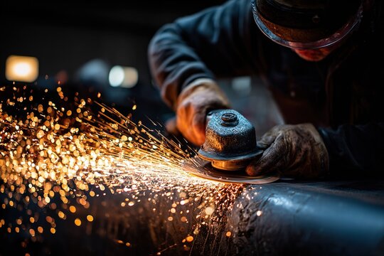 Worker grinds metal at workshop, sparks flying during late evening hours of a busy industrial activity