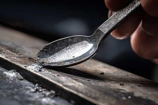 Close-up view of a hand holding a small spoon on a metallic surface at a workshop in the afternoon light