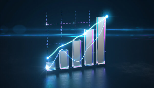 Futuristic 3D Glass Bar Chart Showing Financial Data on Dark Background