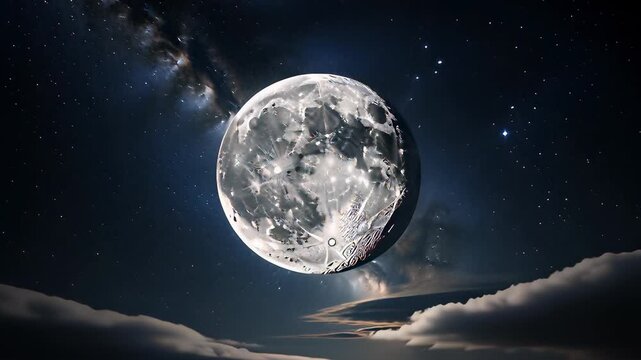 Bright full moon shining through dark moving clouds revealing a starry Milky Way galaxy in a cinematic night sky animation, ideal for astronomy backgrounds.
