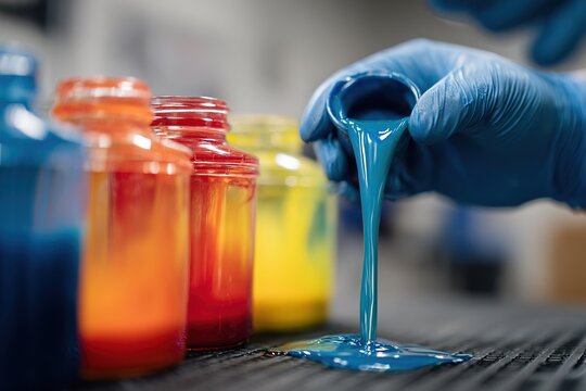 Colorful paint being poured from a jar in an artist's studio environment during creative work