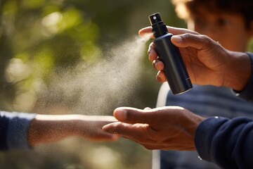 Family engages in outdoor activity while applying insect repellent on a sunny day in a park