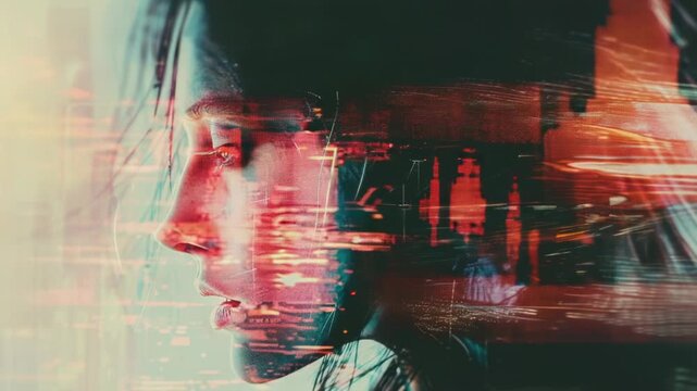 Video A woman's face with a cityscape in the background, ideal for use as a profile picture or representing urban lifestyle - Powered by Adobe