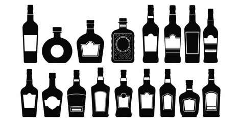 Collection of various liquor bottles in black silhouette against a white background