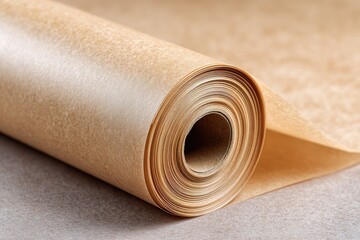 Brown kraft paper roll lying on a flat surface ready for wrapping or crafting projects