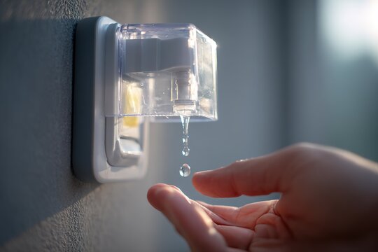 Touchless dispenser delivers liquid to a person's hand in a clean bathroom setting during daylight
