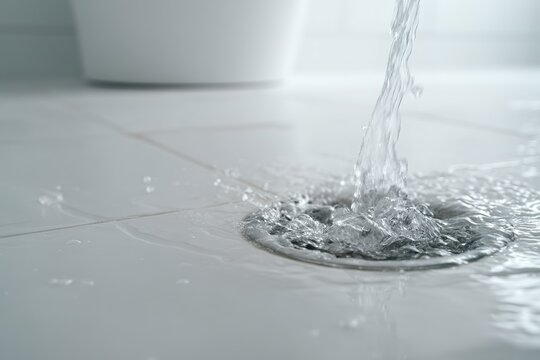 Water flows into a drain in a bright bathroom during a cleaning routine in the morning